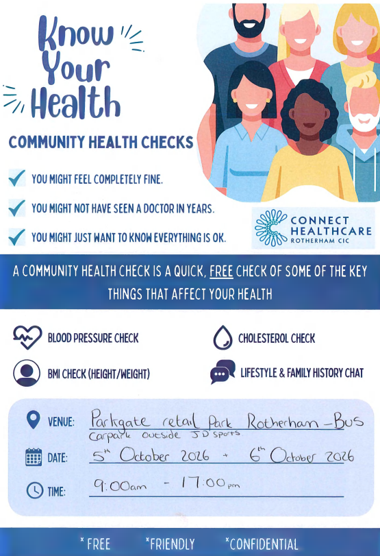 Stag_RosePPG's tweet photo. #KnowYourHealth
Community Health Check - #BloodPressureChecks #CholesterolCheck #BMI #LifestyleMedicine
5th & 6th October 9am - 5pm Parkgate Shopping -full details below.
#KnowYourNumbers Community Connect C.I.C https://t.co/IDgH5ie1s4