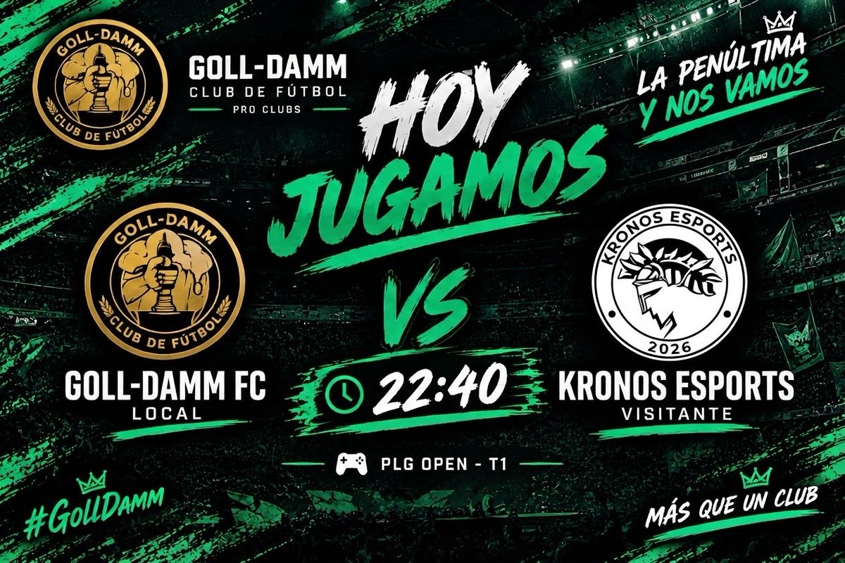 GollDammGG's tweet photo. ⚡️ MATCHDAY.
Arrancamos la PLG Open a las 22:40.
🆚 Kronos eSports
⏰ 22:40
🏟️ Jornada 1 · Fase de grupos @PLG_Spain
📺 https://t.co/Y2e5DFxZJ6
Primer partido. Primer reto.
🟢⚫ ¡Vamos, Goll-Damm!
#GollDamm #PLGOpen #FC27 #ProClubs https://t.co/T4paQ1wzOt