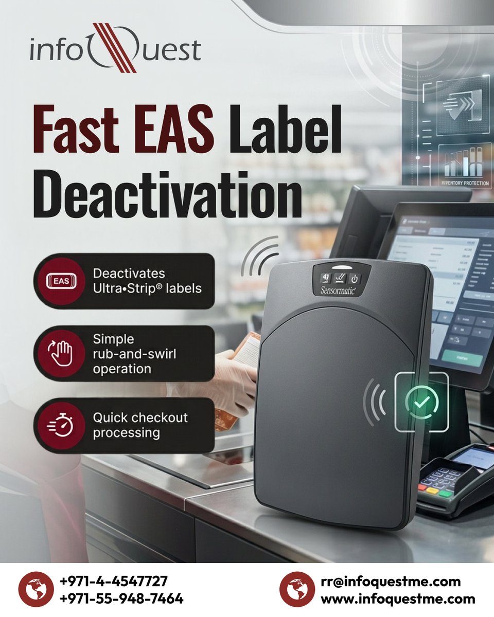 InfoquestDubai's tweet photo. ⚡ Fast EAS Label Deactivation for Smoother Checkout
🏷️ Deactivates Ultra-Strip® Labels
✋ Simple Rub-and-Swirl Operation
📞 +971-4-4547727 | 55-948-7464
🌐 https://t.co/6JhLMRg4Ln
#EAS #EASLabels #LabelDeactivation #Sensormatic #RetailSecurity #RetailSolutions #RetailTechnology https://t.co/6dsu1FoJUu