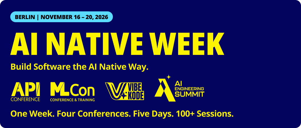 api_conference's tweet photo. 🤖 AI-native software needs an API layer.

APIs connect agents to real systems and help teams govern &amp; secure AI-native architectures.

📍 Berlin
📆 November 16–20, 2026

Explore API Conference at AI Native Week:
👉 https://t.co/YYvG7bJCgo

#APIConference #AINativeWeek https://t.co/mdA89LXRko