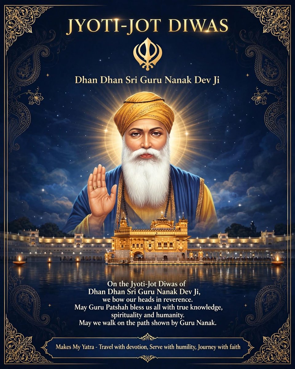makesmyyatra's tweet photo. On the Jyoti-Jot Diwas of Sri Guru Nanak Dev Ji, Makes My Yatra bows its head in reverence.
May Guru Patshah bless us all with true knowledge, spirituality and humanity. May we all walk on the path of truth and service shown by Guru Nanak. https://t.co/PlHj73Ar7p