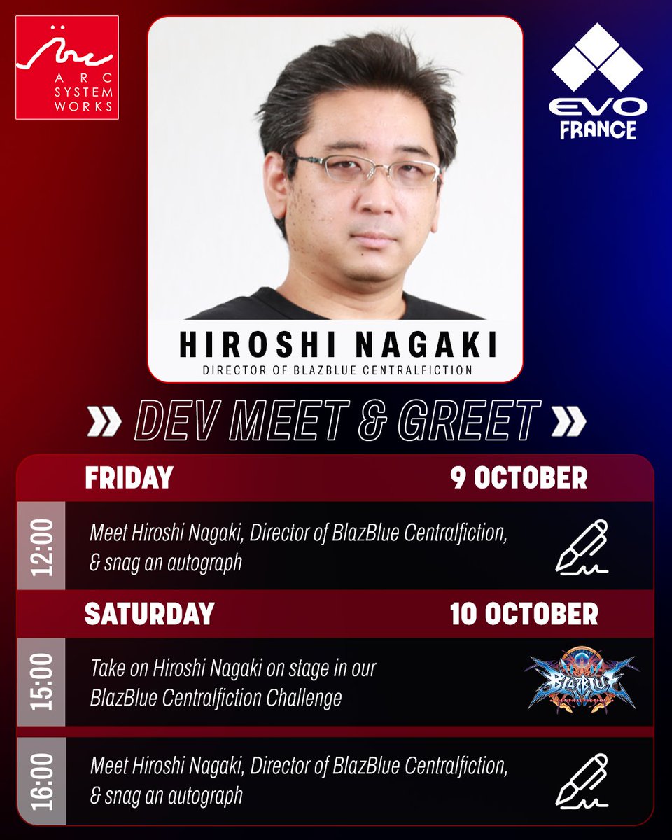 Furious_blog's tweet photo. 【!?】
過去、様々な格ゲーの大会に参加してる姿を見たことがあるような気がする、とある界隈で有名な"王"が現BBCFディレクター！？EVO France 2026に、ブレイブルー セントラルフィクションのディレクター「永木洋」氏が来場。

会場では、永木洋氏のサイン会と永木洋氏とBBCFで対戦できるステージチャレンジという回転率が高そうなイベントを実施。

▼BBCF最新情報
・まさかの新キャラ追加、「トリニティ＝グラスフィール」参戦決定トレーラー
( https://t.co/jHHzw2VQsQ )

▼公式サイト
( https://t.co/qZsnWyFCIb )

▼公式X
・Arc System Works Europe
( https://t.co/G7nXSJj3dk )
・BLAZBLUE OFFICIAL
( https://t.co/LabaDee4kd )
