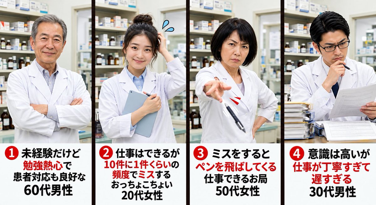 ryo_php_ryo's tweet photo. あなたは一人薬剤師店舗の開設者

念願の増員が叶って、面接をしてこの中から選ぶことになりました。

①未経験の勉強熱心、患者対応良好60代
②仕事早いがたまにミスする20代
③しごでき難ありお局タイプ50代
④意識高い系・低速の30代

誰を選ぶ？ https://t.co/dMQkNLlFgP