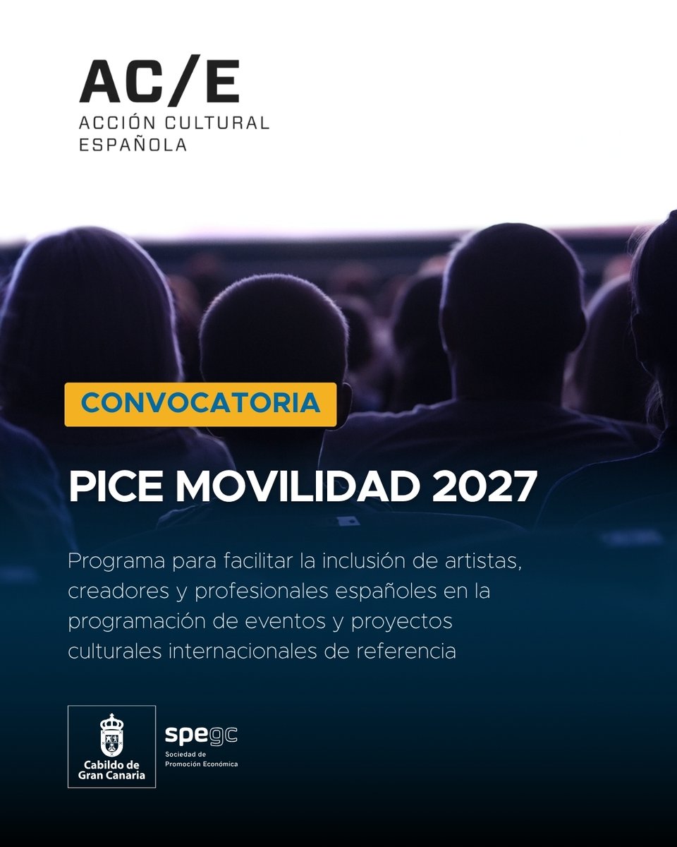 SPEGC's tweet photo. 📣 ¡ATENCIÓN CREADORES Y PROFESIONALES DE LA CULTURA! 🌍 Lleva tus proyectos e historias al panorama internacional👇​

Acción Cultural Española (AC/E) impulsa el Programa PICE Movilidad 2027, facilitando la inclusión de artistas, creadores y profesionales españoles en la programación de eventos y proyectos culturales internacionales de referencia, cubriendo disciplinas como el cine, los videojuegos o la animación, entre otras.

👥 ¿A quién va dirigida esta convocatoria? 
✔️ A instituciones y entidades culturales extranjeras que deseen invitar a participar a creadores, artistas y profesionales de la cultura española en proyectos, actividades, festivales o eventos internacionales.

📅 Plazo de presentación de solicitudes: 
🔹 Cine: Hasta el 10 de enero de 2027
🔹 General (incluyendo áreas de videojuegos y animación): Hasta el 12 de enero de 2027

🔗 Consulta las bases en: https://t.co/FPU6IGX3JH