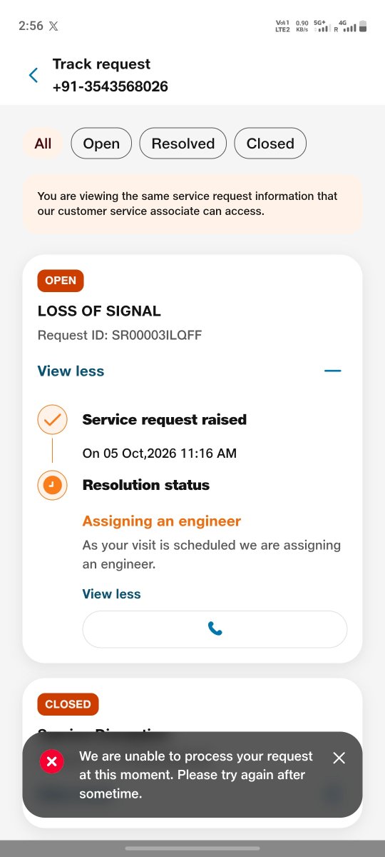MittalSumukh's tweet photo. @JioCare Not allowing to call, showing error shown on screen... neither technician name and contact no showing. https://t.co/NEFg89SpP9