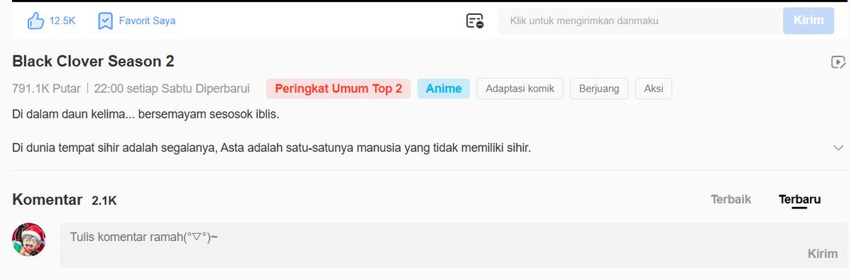 bq_fitri29140's tweet photo. I’m so happy to see this🥹. On Bstation, both Black Clover seasons are in the Top 5 trending anime, with Season 2 at #2 and Season 1 at #5. Season 2 has already gotten 12.5K likes, 791.1K views, and 2.1K comments, and this is only the first day T T.
#BlackClover #BCS2 https://t.co/eBHX4nZihs