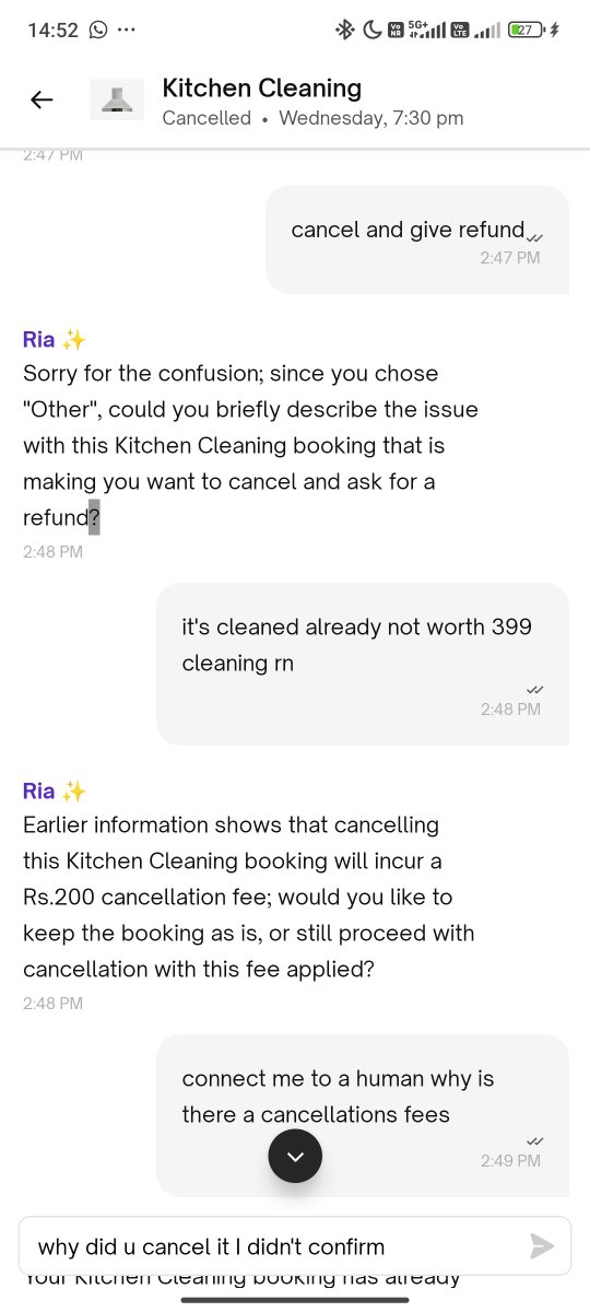 biruins22925's tweet photo. @urbancompany_UC @UC_Assist what is this I didn't even  confirm that cancel it after the bot told cancellation fees and it just cancelled by itself????? fix this give me my 200 rs right now 9511980997, why am I charged 200 fees when i didn't even confirm cancellation???????? https://t.co/ILRH64w46v