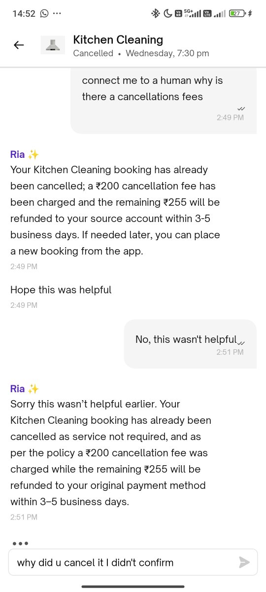 biruins22925's tweet photo. @urbancompany_UC @UC_Assist what is this I didn't even  confirm that cancel it after the bot told cancellation fees and it just cancelled by itself????? fix this give me my 200 rs right now 9511980997, why am I charged 200 fees when i didn't even confirm cancellation???????? https://t.co/ILRH64w46v