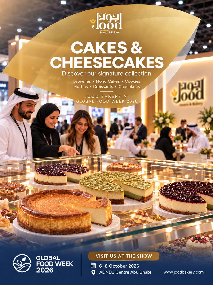 JoodBakery's tweet photo. The countdown is over — Global Food Week 2026 starts tomorrow! 🥐✨

Visit the Jood Sweets & Bakery stand at ADNEC Centre Abu Dhabi to explore our premium range of freshly baked favourites, artisanal pastries, and signature creations. Whether you're looking for wholesale partnerships, food service solutions, or simply appreciate fine baking, our team is ready to welcome you.

📍 Where: ADNEC Centre Abu Dhabi
🗓 When: 6–8 October 2026
🌐 Learn more: https://t.co/WzPUYhlTkr