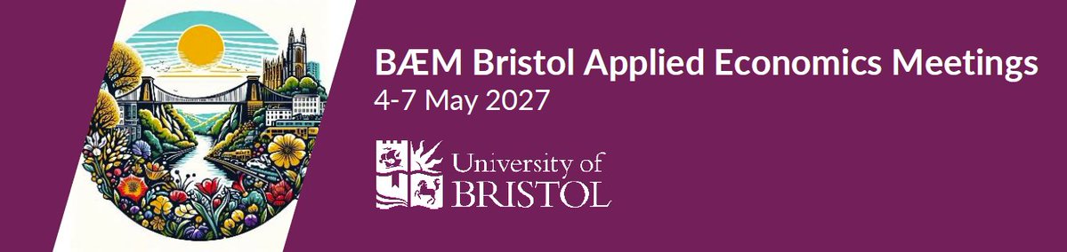 TomanBarsbai's tweet photo. Join us for the 2027 Bristol Applied Economics Meetings (BÆM)!

💥 Economics of Crime, Violence, and Conflict, 4-5 May
Keynotes: Emily Nix &amp; Paolo Pinotti

🌍 Development Economics, 6-7 May
Keynotes: Benjamin Marx &amp; Diana van Patten

Call for papers👉 https://t.co/ay92D8ouCA https://t.co/eXFDErHJHG
