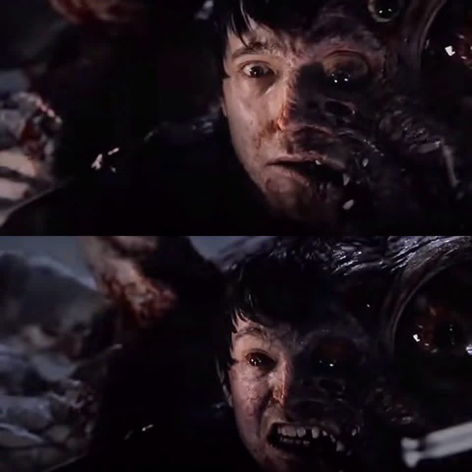 David_Da_Boss's tweet photo. There are two frames here:

1. Frame 1: Bryan is still part human, part mutant. His eyes look very sad. It tells the story of what he has fought back up until this exact moment where the cure is JUST within his grasp. If you look closely you can see the desperation. You can feel his humanity slipping away by the second. His hope to return to his girlfriend and unborn child becomes a hazy memory.

2. Frame 2: Blood-shot eyes are visible. Bryan, as we have watched him up until this point is, for the most part, well and truly gone. What you now have is a full-blown mutation that has assimilated all but one scientist into a super,  intelligent organism with only one primal instinct - to kill. 

Good bye, Bryan. You did your part. You were brave against all odds. Umbrella failed you.

#residentevil