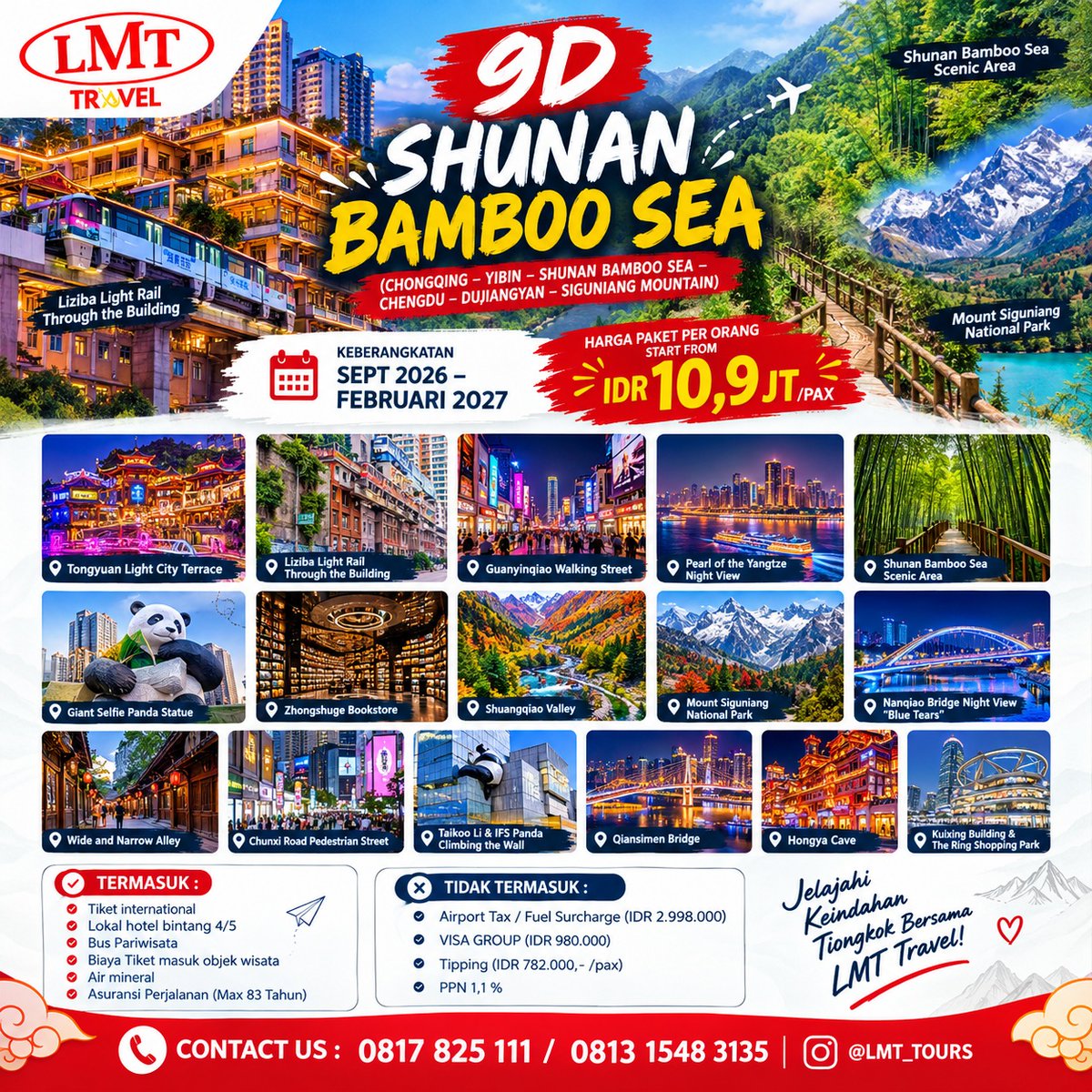 WhatKatyDone's tweet photo. China, here we come! Jelajahi Chongqing, Yibin, Shunan Bamboo Sea, Chengdu, Dujiangyan, hingga Siguniang Mountain dalam 9 hari. Keberangkatan Sep 2026–Feb 2027, mulai Rp10, 9 juta/pax. Slot terbatas! https://t.co/JjDrDTfGpf