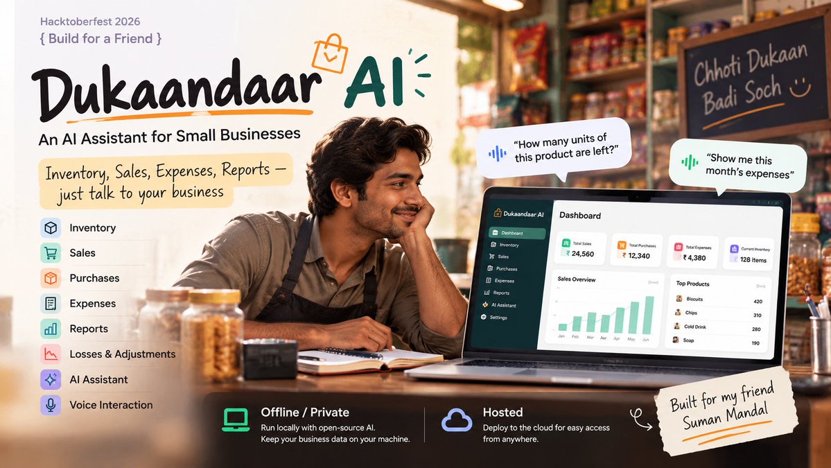 devrittikX's tweet photo. Built Dukaandaar AI for my friend in Hacktoberfest 🚀

An AI assistant for small businesses with inventory, sales, expenses, reports &amp; voice interaction.

🏠 Offline/private or ☁️ hosted.

🔗 https://t.co/HqTl5JpLM7

#Hacktoberfest #OpenSource https://t.co/ZrsVx0sgMi