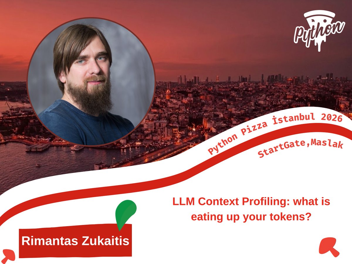 pythonpizzaist's tweet photo. What's actually eating up your LLM tokens? 🐍
Rimantas Zukaitis brings context profiling to Python Pizza Istanbul 2026, showing how a custom profiler can reveal duplicated and low-value information and help reduce token use without losing precision. 🍕 https://t.co/cR6oCwCGEK