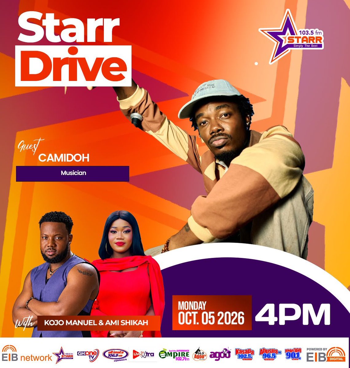 starr1035fm's tweet photo. A new voice, two big interviews, and one unforgettable Drive. Welcome, Kojo Manuel, to #StarrDrive as we kick off with Camidoh joining us on #StarrFM...
#EIBNetwork https://t.co/COfrtvpRCl