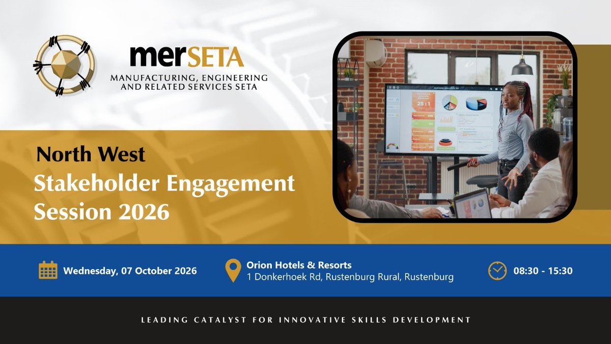 merSETASocial's tweet photo. The merSETA invites stakeholders, industry partners, employers, training providers and other key role-players to join us for an engaging day of collaboration, insights and meaningful dialogue on skills development.

To RSVP click on the link: https://t.co/6pUejWCD0R https://t.co/FO3x4GVfMq