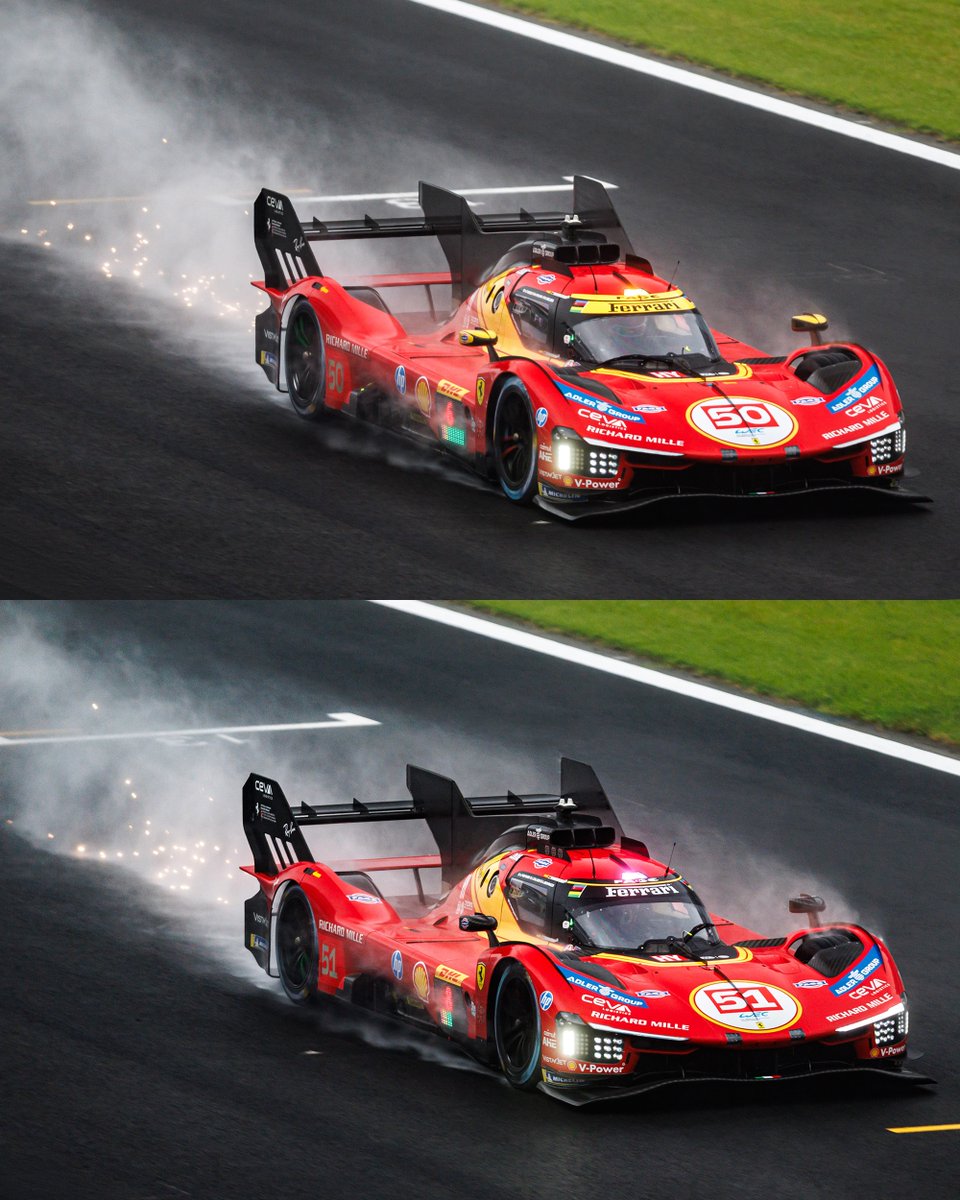 FerrariHypercar's tweet photo. Through the sparks and spray 💨
#FerrariHypercar #Ferrari499P #WEC #6HFuji https://t.co/DV2H2QYfYR