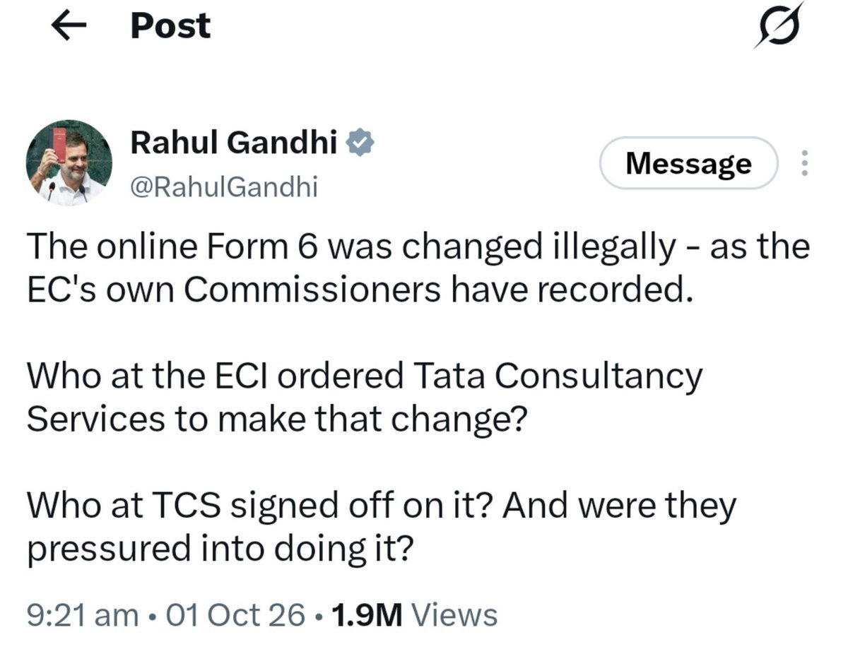 SurrbhiM's tweet photo. Rahul Gandhi had tweeted this four days earlier.

While ECI in its statement on Sept 26 said that “The declaration attached to Form 6 for SIR has been upheld by the SC”, today SC has clarified that they have not approved the modified Form 6. https://t.co/86HeaXgOhu