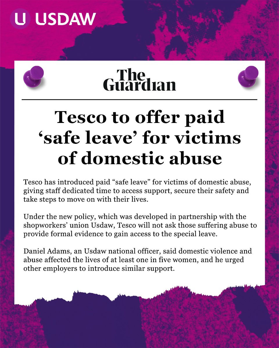 UsdawUnion's tweet photo. We've worked in partnership with Tesco to ensure that staff are supported  at work through what may be one of the most difficult times in their lives.

Tesco's new 'safe leave' policy will help people who experience domestic abuse to get the support they need. https://t.co/0I2SDAQihd