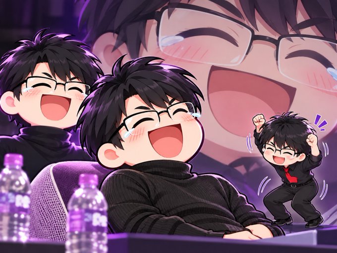 An anime-style illustration showing a figure with glasses smiling joyfully, with a smaller excited version of the character and another laughing figure in the background.