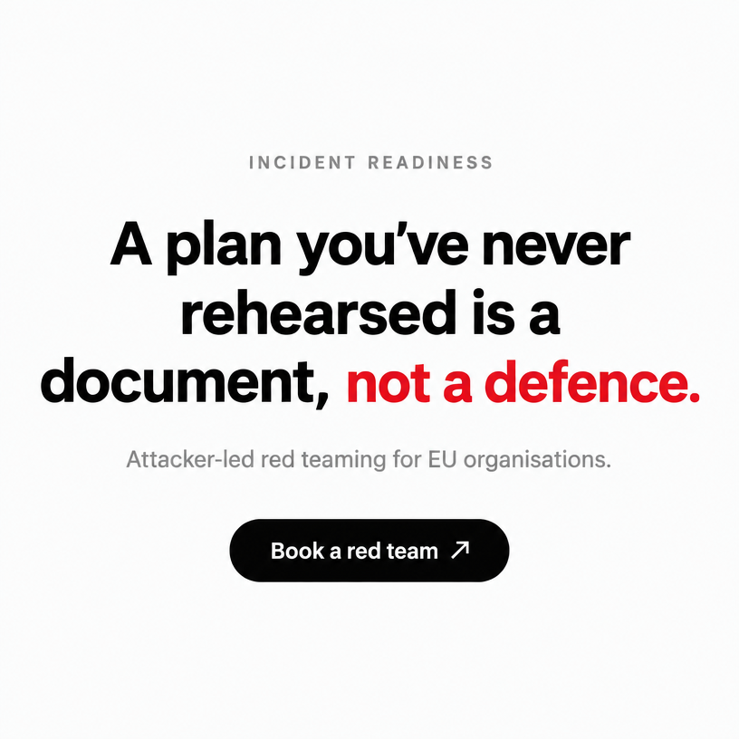 offseq's tweet photo. Most EU organisations can produce an incident-response plan on demand. Few have ever run it under pressure.

The gap between what's written and what's rehearsed is the real exposure.

Attacker-led red teaming, tested the way an attacker would. https://t.co/fNyeQC8eFl