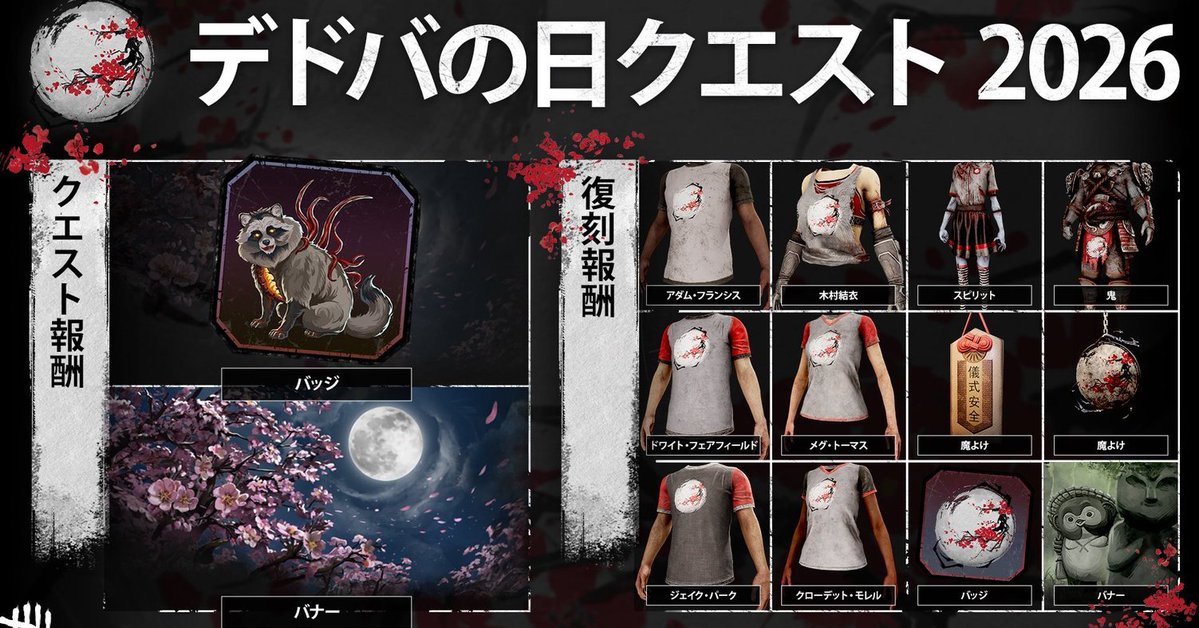 Procyondbd's tweet photo. A partir de 06 de Outubro, vão começar as missões do Dia do Dead by Daylight dentro do jogo.

Completá-las, dará esse distintivo do tanuki do reino Yamaoka e esse banner do luar.  

Também será possível adquirir brindes de edições anteriores (provavelmente na loja).  O Dia do DBD é oficialmente comemorado 18 de Outubro, iniciativa da comunidade do DBD Japão.