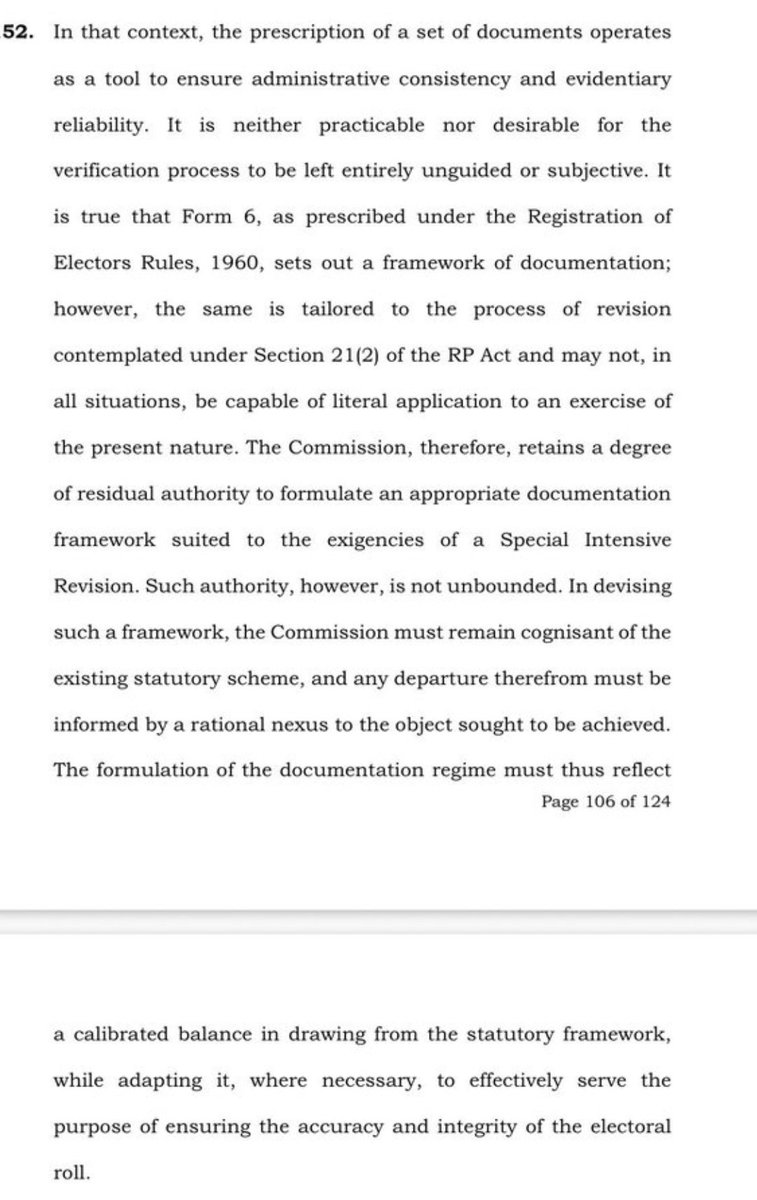 RShivshankar's tweet photo. The ecosystem is being mischievous. The facts are: 
SC DIDN'T APPROVE THE MODIFIED FORM 6. BUT SC DID UPHOLD ECI'S RESIDUAL AUTHORITY TO ADAPT THE DOCUMENTATION FRAMEWORK FOR SIR.
This is the distinction ECOSYSTEM is deliberately blurring.

Yes, the Supreme Court has now clarified that it did not specifically approve the later-modified Form 6.

But the May 27, 2026 order (ATTACHED BELOW) expressly held in context of Form 6 that ECI “retains a degree of residual authority” to formulate a documentation framework suited to an SIR.
The only condition the SC put on that power is that it CANNOT be arbitrary. 
So, today's clarification does not establish that the ECI had no power to adapt the documentation framework.
Nor does it establish that CEC Gyanesh Kumar “lied”.