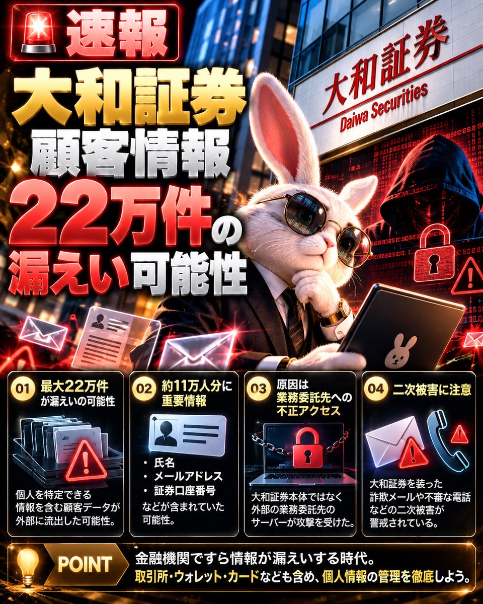 CryptoRabi888's tweet photo. 🚨 大和証券、22万件の情報漏えいか。

しかも約11万人分には

・氏名
・メールアドレス
・証券口座番号

が含まれていた可能性。

原因は大和証券本体ではなく
「業務委託先」への不正アクセス。

ここが怖い。

大和証券のシステムに
直接侵入されたわけではない。

それでも顧客情報が
外部に流出する可能性が出た。

現時点では
この件による不正取引や
ネット上への情報公開は確認されていない。

ただし今後、

「大和証券を装った詐欺メール」
「不審な電話」

などの二次被害が警戒されている。

金融機関ですら
“委託先”が攻撃される時代。

これは仮想通貨ユーザーにとっても
他人事ではない。

取引所
ウォレット
カード
証券会社

結局、一番狙われるのは
「資産」だけじゃなく
その周辺にある「個人情報」。

セキュリティ、
マジで他人事じゃない。

#仮想通貨 #Crypto #セキュリティ