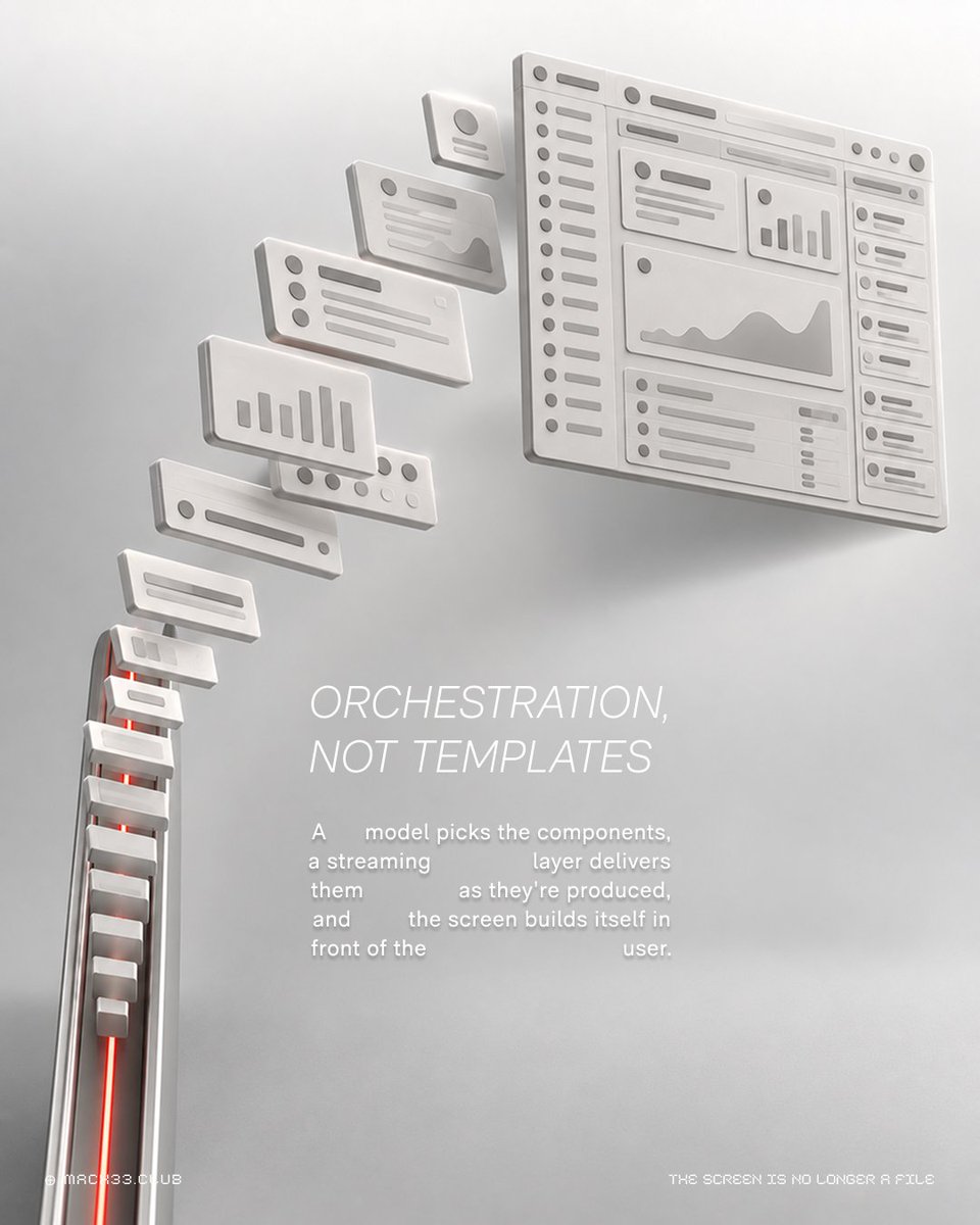 mach33studio's tweet photo. A static interface is a guess that shipped.
The shift toward GenUI represents a fundamental change in how software operates.
Instead of building exactly what a user might need in advance, the interface assembles itself at runtime from intent.
#UX #DesignThinking https://t.co/h0Js9a3JjE