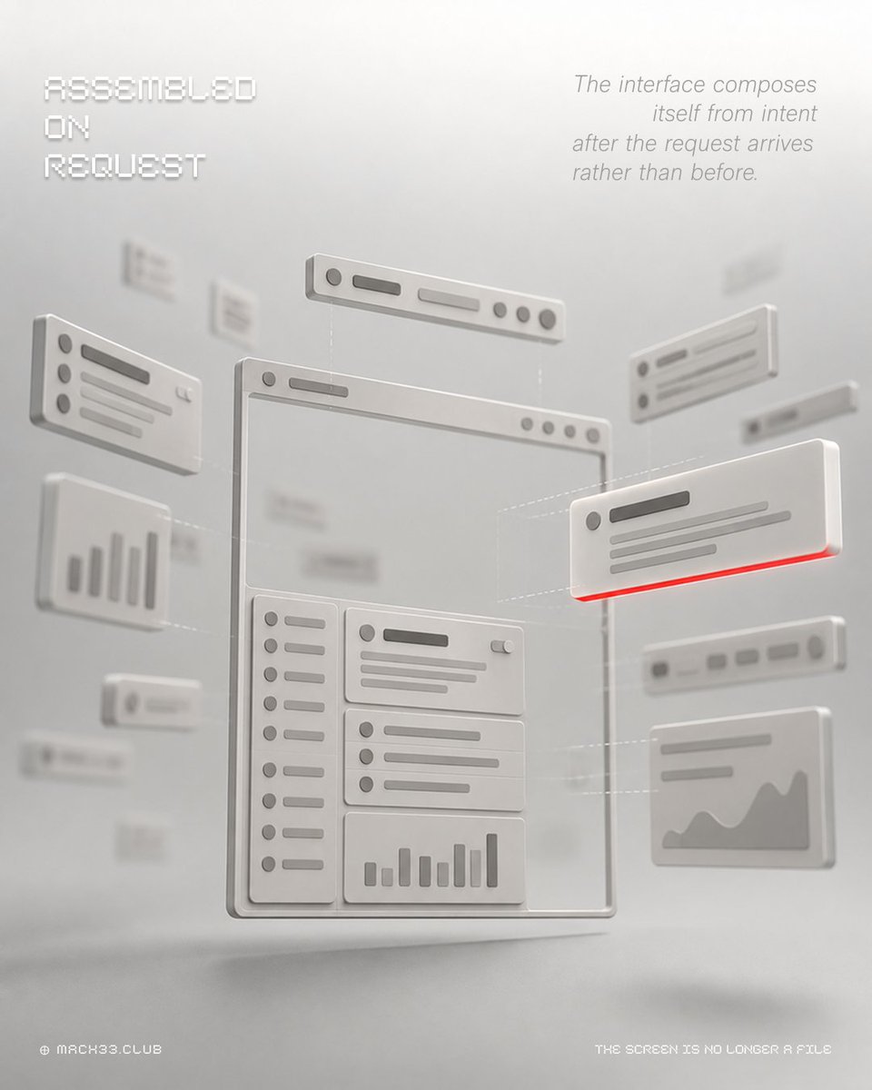 mach33studio's tweet photo. A static interface is a guess that shipped.
The shift toward GenUI represents a fundamental change in how software operates.
Instead of building exactly what a user might need in advance, the interface assembles itself at runtime from intent.
#UX #DesignThinking https://t.co/h0Js9a3JjE