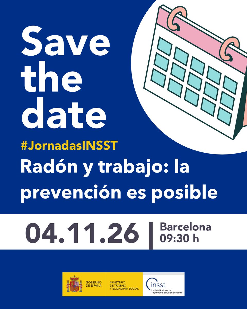 INSST_MITES_GOB's tweet photo. 📅 Reserva: 4 de noviembre · Barcelona

Jornada #INSST «Radón y trabajo: la prevención es posible».

🔴 El radón es cancerígeno. Veremos cómo reducir la exposición en trabajos subterráneos o bajo rasante.

Pronto más información.

#JornadasINSST #radón https://t.co/h9cQ4lsHTT