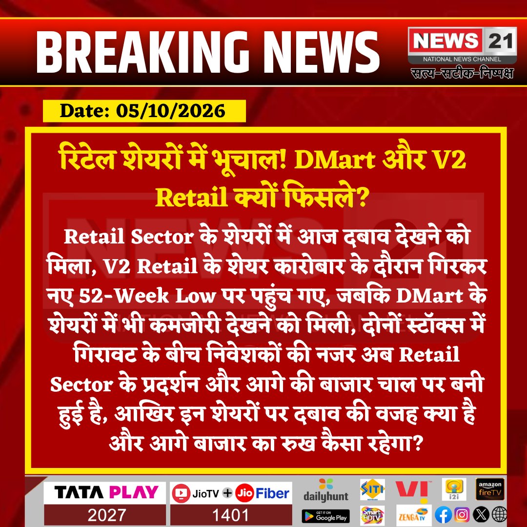 news21national's tweet photo. रिटेल शेयरों में भूचाल! DMart और V2 Retail क्यों फिसले?
#DMart #V2Retail #RetailSector #StockMarket #ShareMarket #52WeekLow #StockMarketNews #MarketUpdate #BusinessNews #Investors #RetailStocks #MarketNews @AvenueSupermarts
@V2RetailLtd @NSEIndia @BSEIndia @IndiaSebi https://t.co/qDLof0xHxJ