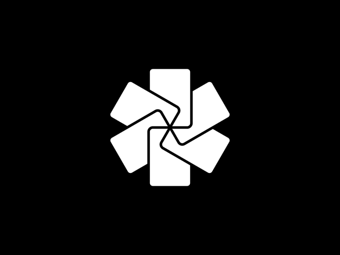 A white geometric logo resembling an interlocking pinwheel or flower design is centered on a black background.