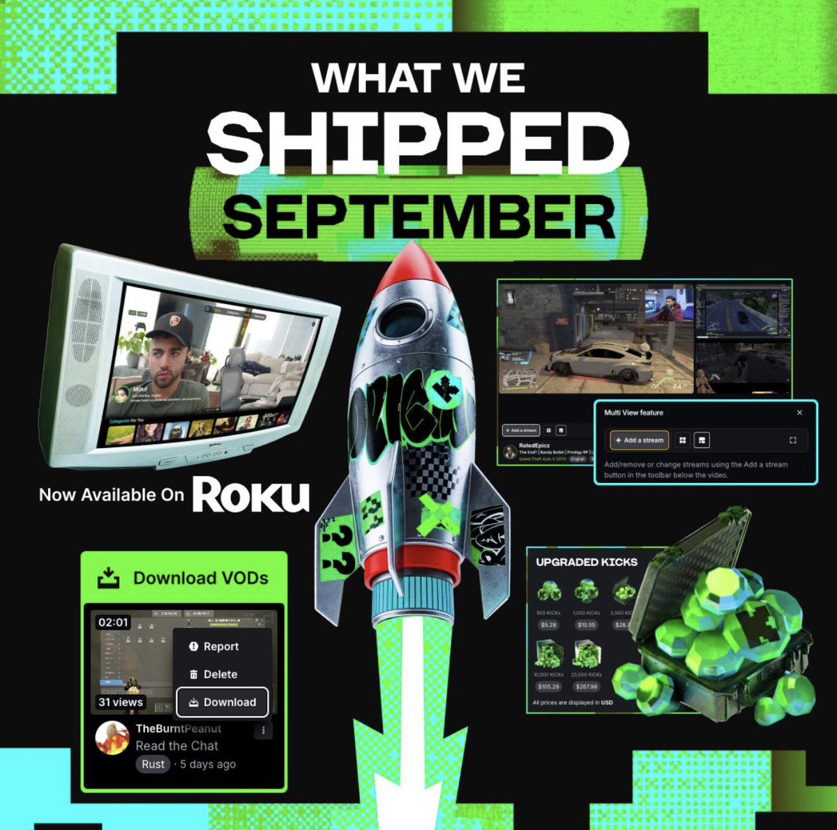 KICKEthan's tweet photo. September was a big one for KICK. VOD downloads, Roku, Events Hub, Levelling 2.0, Reserved Accounts, 2x channel points and plenty more. The devs are working as hard as ever. October's next 💚 https://t.co/7CwrFCdgNB