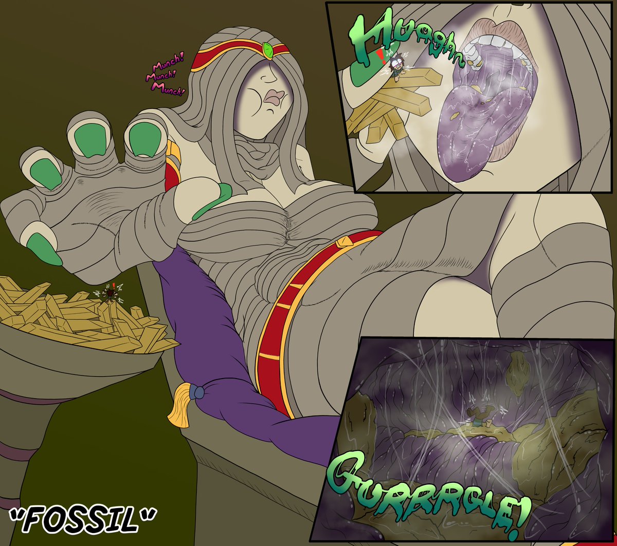 Mesa1236's tweet photo. #VORETOBER 2026: FOSSIL

Not every mummy is entombed, some are just too lazy and just order take out all day. 
Seems our little explorer has discovered Neith, but she has not noticed a difference in her fries 🤭

Neith Belongs To: @baddaythe13th 

#Voretober2026 https://t.co/MZYbazlYQy