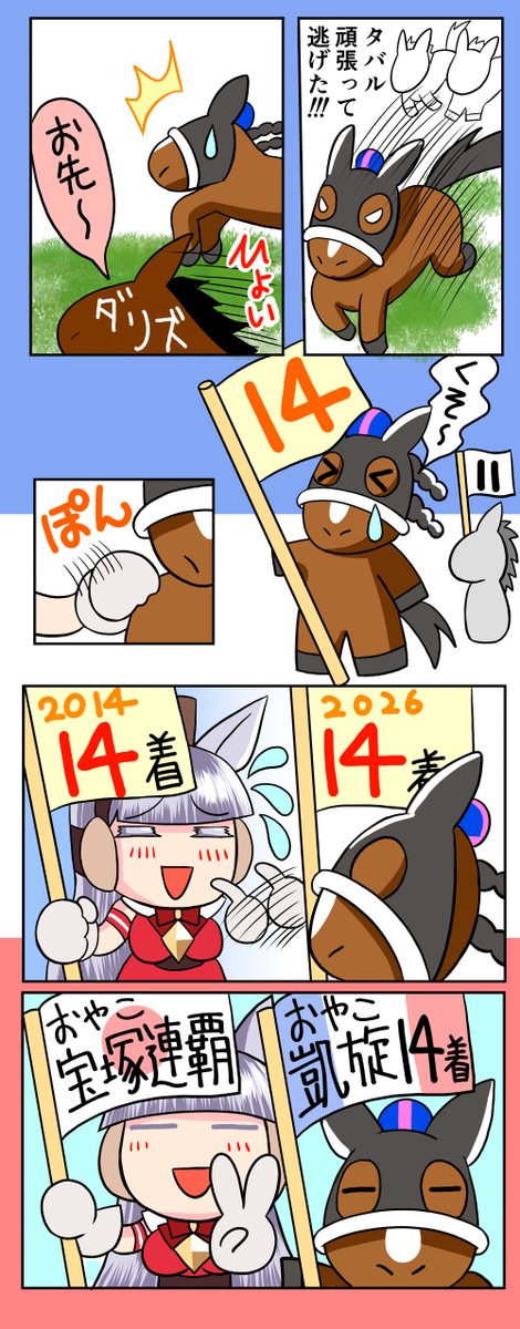 yusura16v02's tweet photo. ～（記録が）パパといっしょ～
逃げたメイショウタバルに夢を見た

タバル「負けちゃった…（ショボーン）」
ゴルシ「ほら！！！パッパと！！同じ順位だぞホラ！！！」

負けたのにただでは負けず、ネタ引っ張ってきおった…！宝塚記念を連覇した後に凱旋門賞14着、間違いなくヤツの息子…！！ https://t.co/olrYE7oKl0