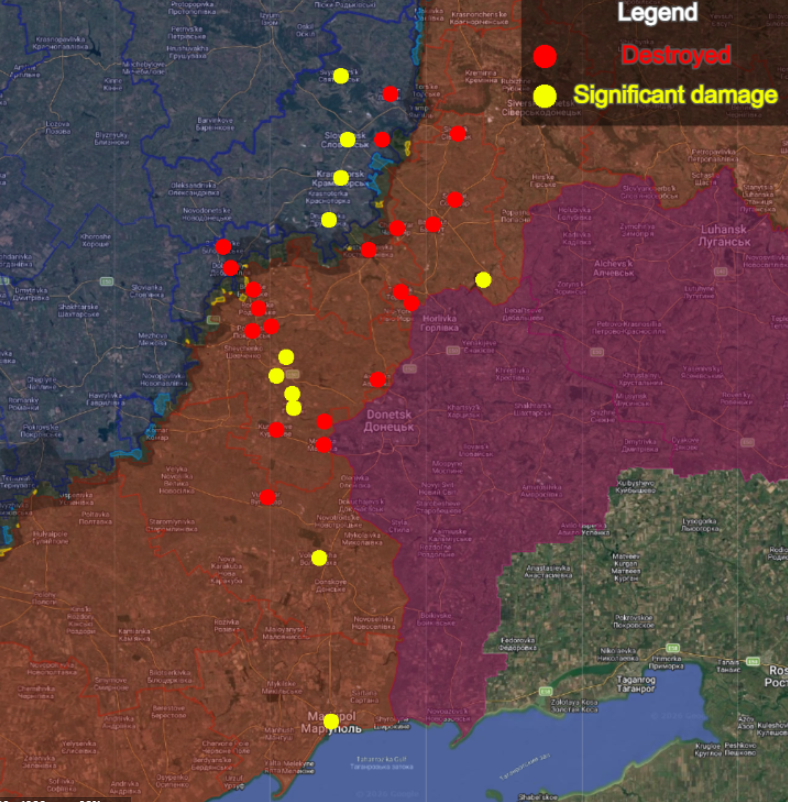 AMK_Mapping_'s tweet photo. Out of the 31 cities in Donetsk Oblast controlled by Ukraine before Russia's invasion in 2022, 20 have been destroyed and 11 have suffered significant damage. 

Recently, the cities of Bilozerske and Mykolaivka have been added to my "destroyed" list, and Druzhkivka will likely also be added in the near future. Slovyansk and Kramatorsk were also added to the "significantly damaged" list. 

The 20 destroyed cities include: Lyman, Mykolaivka, Siversk, Soledar, Bakhmut, Chasiv Yar, Kostyantynivka, Toretsk, Zalizne, Avdiivka, Pokrovsk, Rodynske, Myrnohrad, Dobropillya, Bilytske, Bilozerske, Krasnohorivka, Kurakhove, Marinka, and Vuhledar. 

The 11 significantly damaged cities include Slovyansk, Kramatorsk, Druzhkivka, Svyatohirsk, Svitlodarsk, Ukrainsk, Selydove, Hirnyk, Novohrodivka, Volnovakha, and Mariupol. 

Of these cities, only 6 (Lyman, Svyatohirsk, Slovyansk, Kramatorsk, Druzhkivka, and Bilozerske) are under full Ukrainain control. Another 4 (Mykolaivka, Kostyantynivka, Dobropillya, and Bilytske) are contested. The other 21 are under Russian control. 

The 20 cities under the control of DPR forces prior to 2022 remain largely intact.