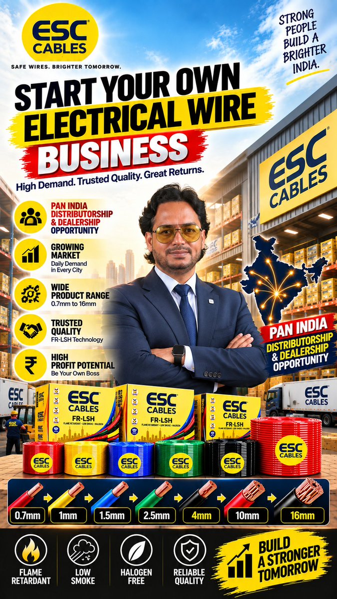 eselectrical416's tweet photo. Wire Business शुरू करना है?
ESC Cables के साथ जुड़ें और FRLS Wire की range पाएं — 0.7mm से 16mm तक।
⚡ Dealer/Distributor Opportunity
🇮🇳 Pan-India Availability
📞 63914-63914
🌐 https://t.co/IPpX9F6zu8
#ESCCables #WireBusiness #FRLSWire #ElectricalBusiness https://t.co/7V1xa7mVX6