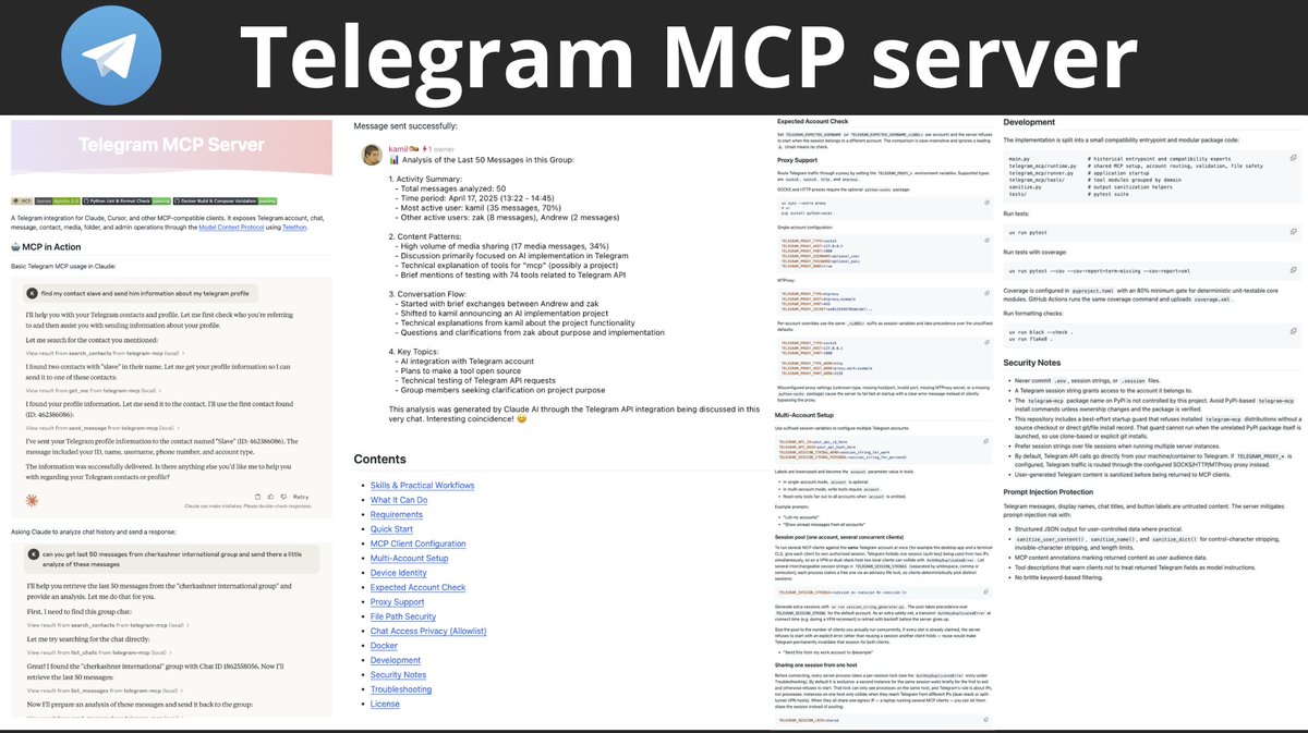 cyb_detective's tweet photo. Telegram MCP server
Integration for Claude, Cursor, and other MCP-compatible clients:
- read chats
- manage groups
- modify messages, media, contacts, and settings
https://t.co/pdDAmzcEDk
#osint #socmint #telegram https://t.co/UVBKtUME0Y