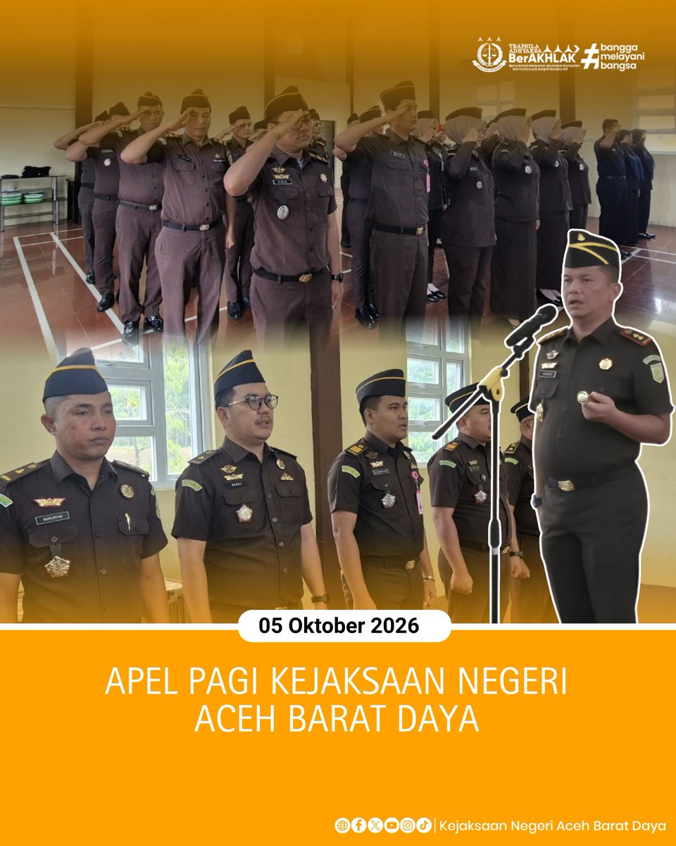 kejari_abdya's tweet photo. Halo #sobatadhyaksa
Senin, (05/10/2026). Kepala Kejaksaan Negeri Aceh Barat Daya Kardono, S.H., M.H. pimpin apel pagi bertempat d Aula kantor Kejari Abdya turut diikuti para kasi, Kasubsi, Kaur dan seluruh pegawai serta staf pramubakti di satuan kerja Kejaksaan Negeri Abdya https://t.co/LjLTOELPab