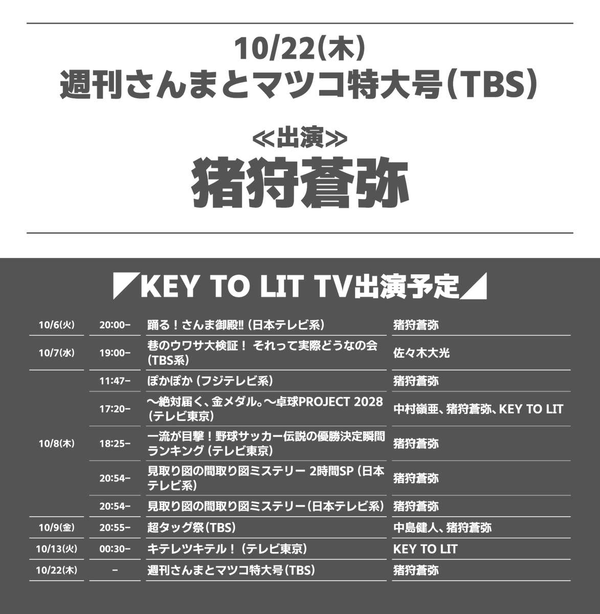 janijaniinfo's tweet photo. ◤猪狩蒼弥 出演決定◢
📺週刊さんまとマツコ特大号（TBS）
📅10/22(木)  放送時間不明

★スゴネキ大解明SP

【出演】
猪狩蒼弥

#猪狩蒼弥 https://t.co/Pgho6m3vqJ