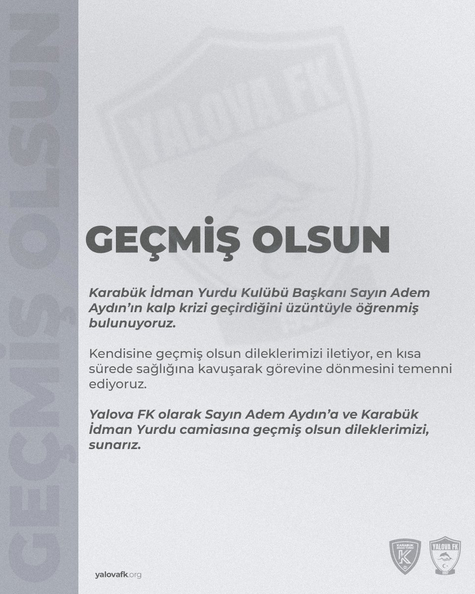 YalovaFK's tweet photo. Karabük İdman Yurdu Kulübü Başkanı Sayın Adem Aydın’ın kalp krizi geçirdiğini üzüntüyle öğrenmiş bulunuyoruz.

Kendisine geçmiş olsun dileklerimizi iletiyor, en kısa sürede sağlığına kavuşarak görevine dönmesini temenni ediyoruz. https://t.co/nwdwezicNF
