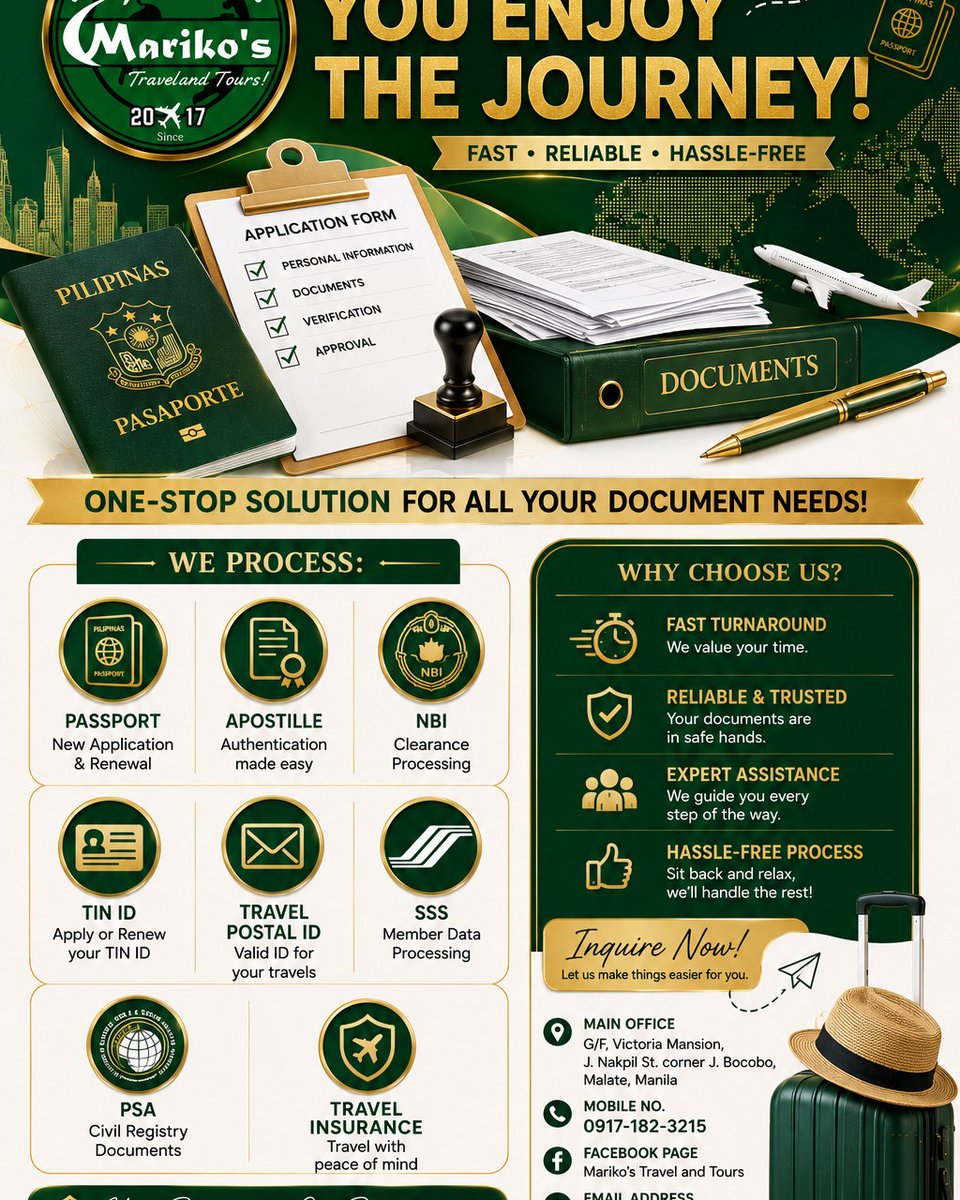 dronaldobianchi's tweet photo. Skip the stress. Let Mariko’s Travel and Tours handle your document processing with complete assistance, fast service, and reliable support. Convenient, trusted, and hassle-free from start to finish. https://t.co/xV4ZohqKBR