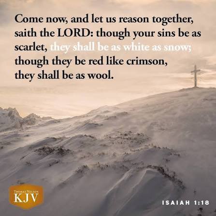 KJV_BibleVerse's tweet photo. “Come now, and let us reason together, saith the LORD: though your sins be as scarlet, they shall be as white as snow; though they be red like crimson, they shall be as wool.”
-Isaiah 1:18 KJV https://t.co/bQkOqyFVmO