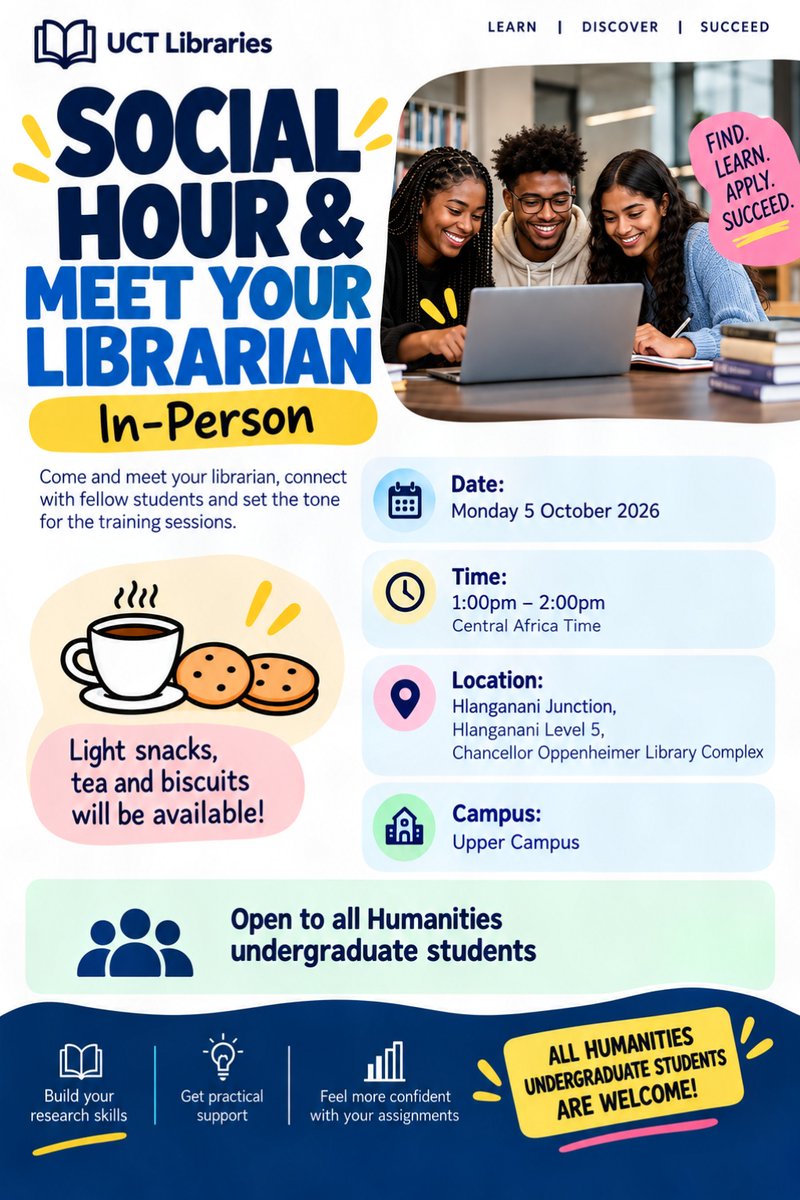 UCTLibrary's tweet photo. Reminder to all Humanities undergrad students of today's session!  

Register here: https://t.co/tTJLG1Li63 https://t.co/MmlzuKNgnp