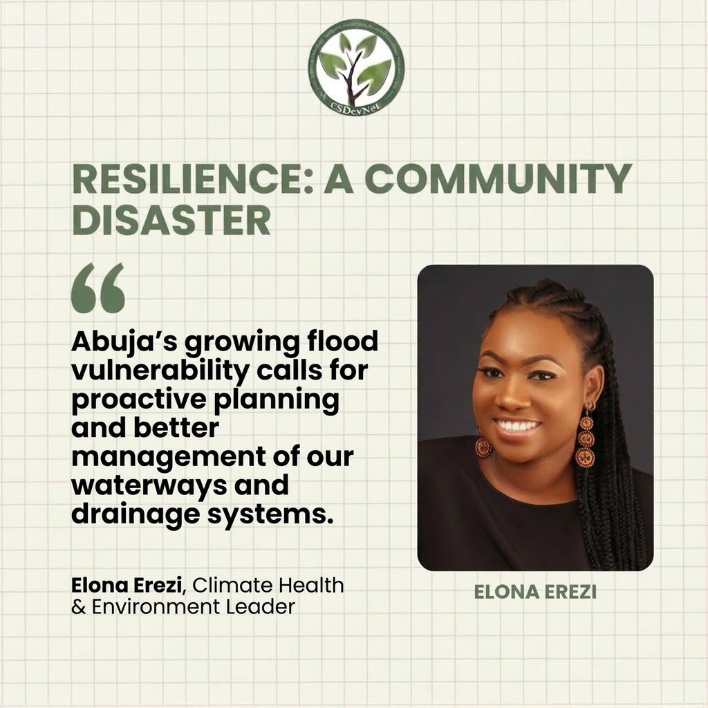 CSDevNet1's tweet photo. Abuja’s growing flood vulnerability calls for proactive planning and better management of our waterways and drainage systems." — Elona Erezi, Climate Health &amp; Environment Leader 🌧️🇳🇬

#Protecting our waterways today prevents widespread displacement and health hazards tomorrow. https://t.co/RBaYoCXKUs
