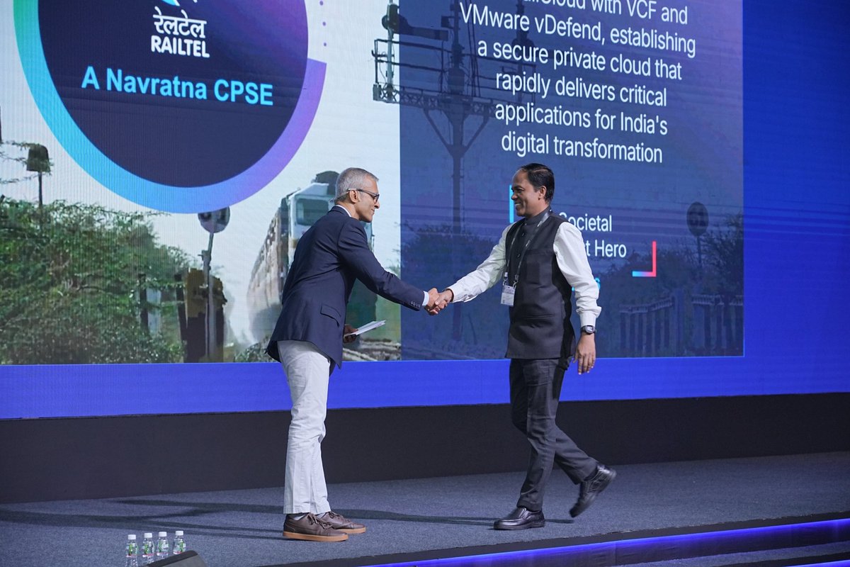 RailTel's tweet photo. We are delighted to be recognized as the “Societal Impact Hero” at the Broadcom Customer Achievement Awards 2026. 

As the digital backbone of one of the world’s largest railway networks, RailTel is committed to leveraging technology to drive digital inclusion, innovation, and economic progress across India.

Our MeitY empanelled cloud- RailCloud - is a testament to our vision of building secure, agile, and future-ready digital infrastructure forIndia's growing digital needs.

We belive that technology is most powerful when it creates meaningful impact for society.
Connecting India. Empowering India. Transforming lives through technology.

#RailTel #Broadcom #CustomerAchievementAwards2026 #SocietalImpactHero #RailCloud #DigitalIndia #DigitalTransformation #DigitalInclusion #Innovation #TechnologyForGood #PublicSector #ConnectedIndia