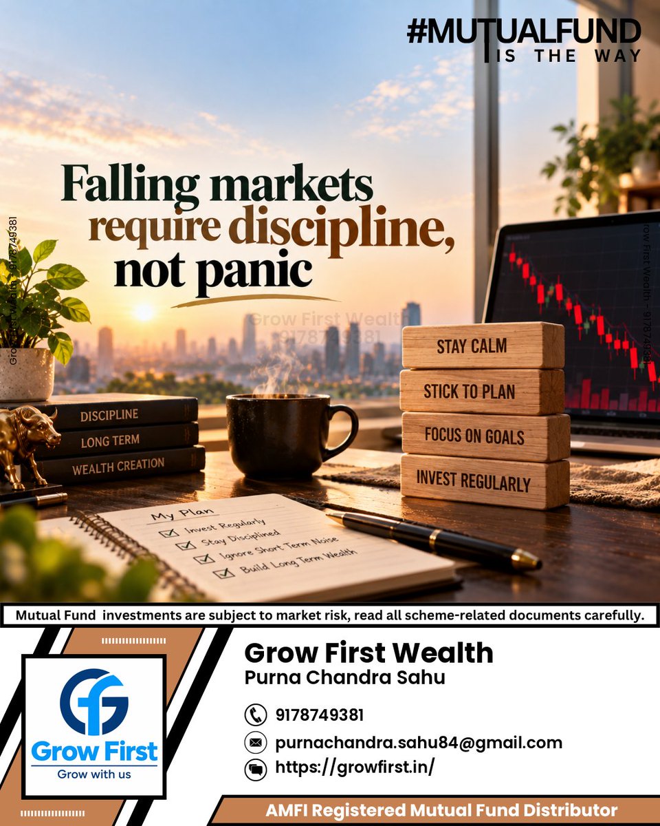 Growfirstt's tweet photo. Falling markets test patience, but disciplined investing, regular contributions, and a long-term focus can keep your wealth journey on track. 📈 
#growfirst #mutualfund #invest #sip #wealth #stocks https://t.co/ZoR3t7zTsF