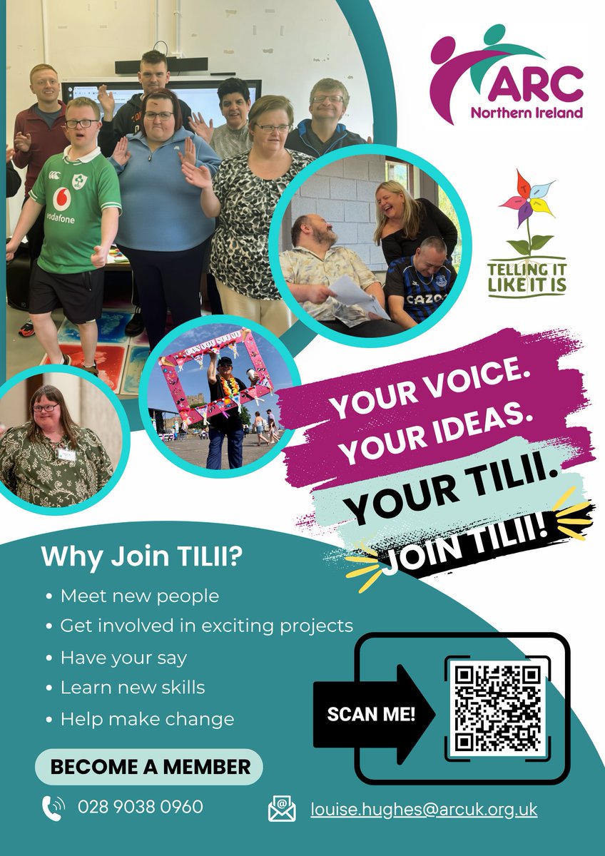 arcni's tweet photo. Are you an adult with a learning disability, autism or other support needs? TILII wants YOU! 🙌

@arcni_teamTILII  is an advocacy group made up of Experts by Experience who speak up about the things that matter &amp; help make real change happen. 

Scan QR code below for more info. https://t.co/6lBpLMC1hi