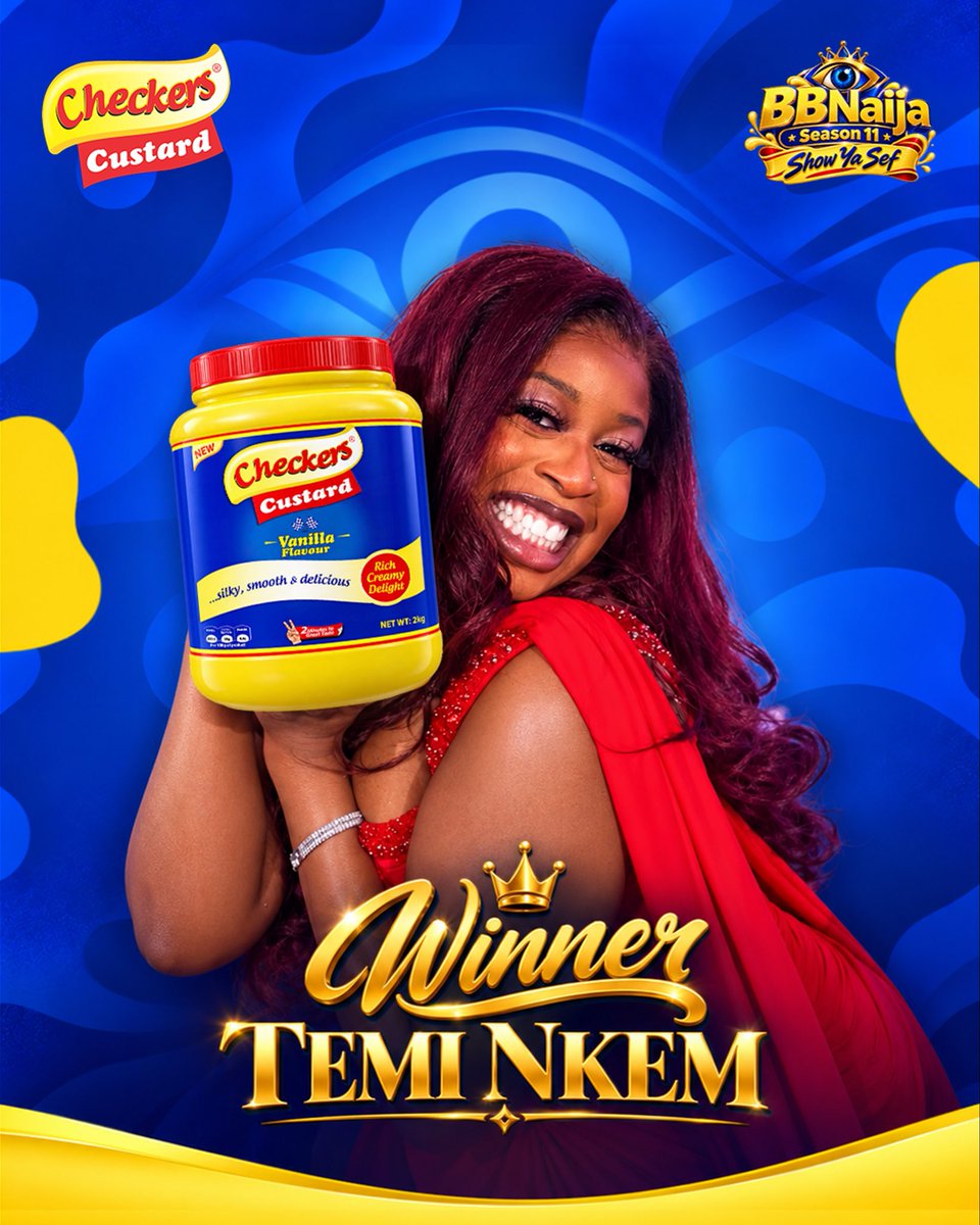 CheckersCustard's tweet photo. From being our Loudest cheerleader to our proudest winner!

She loved Checkers Custard out loud and brought everyone along.
This victory tastes extra creamy, because it’s Checkers Win

We’re proud of you, Queen.

#BBNaijaXCheckersCustard
#ShowYaSef
#CheckersNaMyComfort
#CheckersCustard
#BBNaijaSeason11